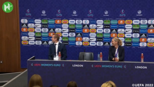 England Women players interrupt press conference singing and celebrating